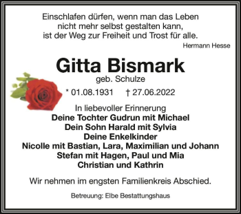Traueranzeige von Gitta Bismark (geb. Schulze)  von Magdeburger Volksstimme
