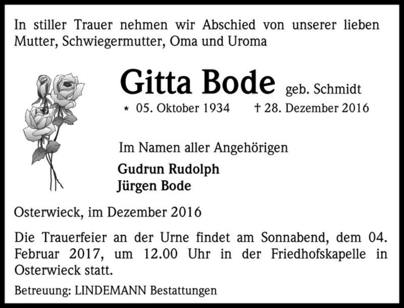  Traueranzeige für Gitta Bode (geb. Schmidt)  vom 07.01.2017 aus Magdeburger Volksstimme