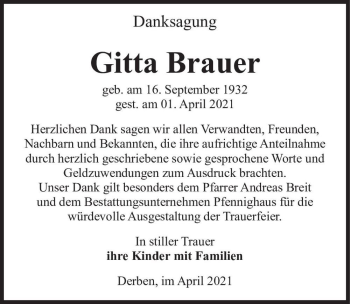Traueranzeige von Gitta Brauer  von Magdeburger Volksstimme