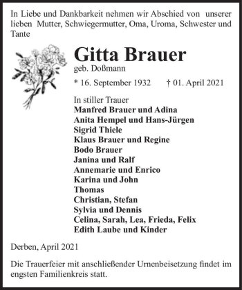Traueranzeige von Gitta Brauer (geb. Doßmann)  von Magdeburger Volksstimme