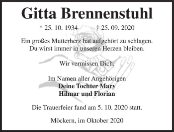 Traueranzeige von Gitta Brennenstuhl  von Magdeburger Volksstimme
