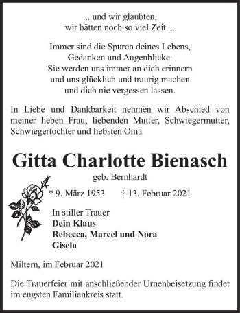 Traueranzeige von Gitta Charlotte Bienasch (geb. Bernhardt)  von Magdeburger Volksstimme