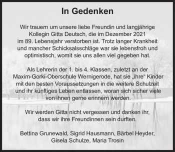 Traueranzeige von Gitta Deutsch  von Magdeburger Volksstimme