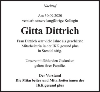 Traueranzeige von Gitta Dittrich  von Magdeburger Volksstimme