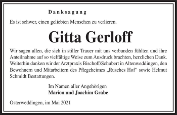 Traueranzeige von Gitta Gerloff  von Magdeburger Volksstimme