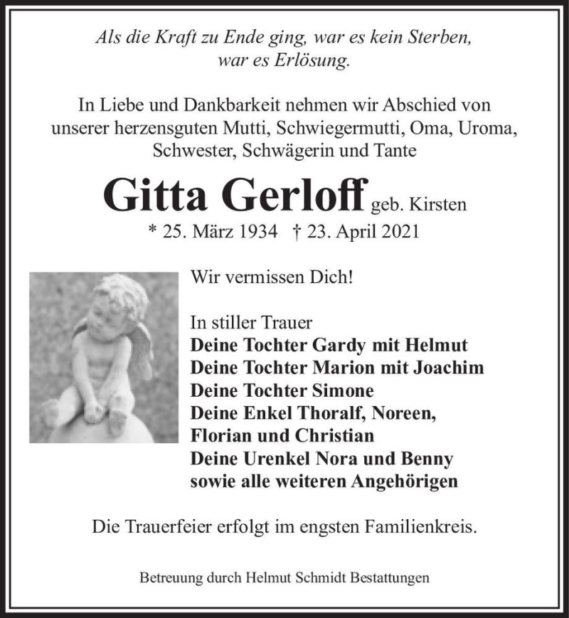 Traueranzeige für Gitta Gerloff (geb. Kirsten)  vom 30.04.2021 aus Magdeburger Volksstimme