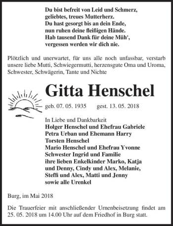 Traueranzeige von Gitta Henschel  von Magdeburger Volksstimme