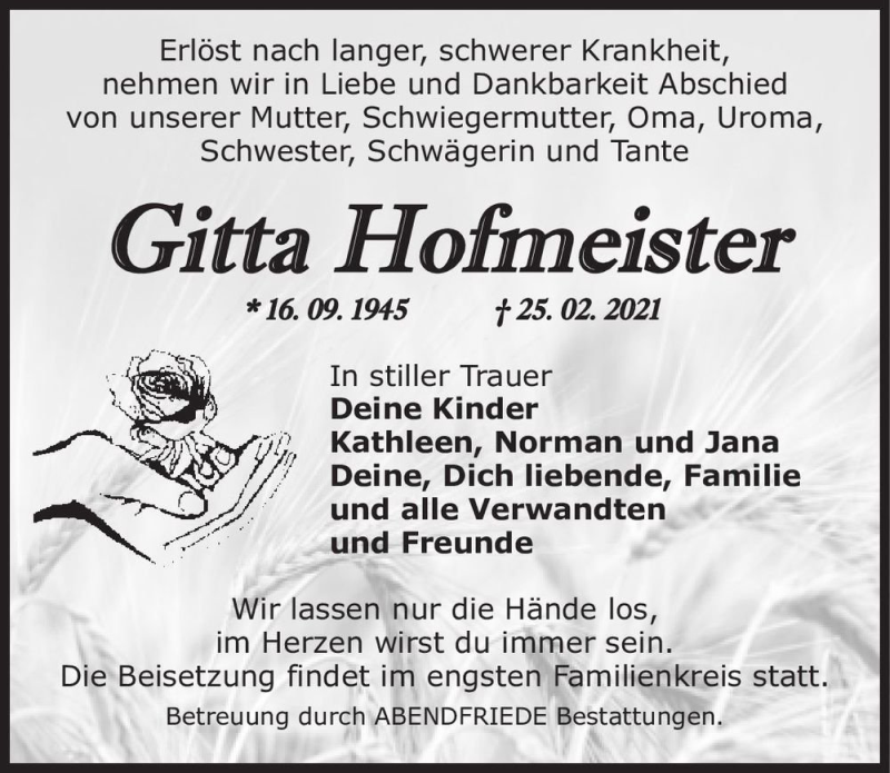  Traueranzeige für Gitta Hofmeister  vom 20.03.2021 aus Magdeburger Volksstimme