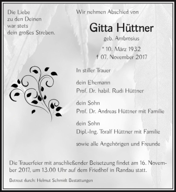 Traueranzeige von Gitta Hüttner (geb. Ambrosius)  von Magdeburger Volksstimme