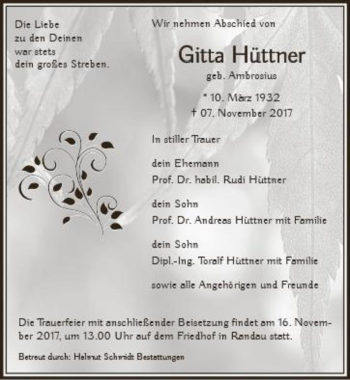 Traueranzeige von Gitta Hüttner (geb. Ambrosius)  von Magdeburger Volksstimme