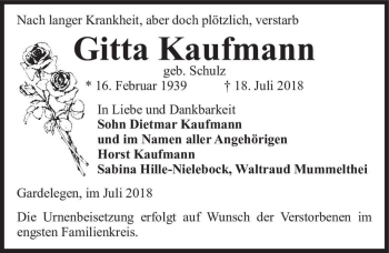 Traueranzeige von Gitta Kaufmann (geb. Schulz)  von Magdeburger Volksstimme