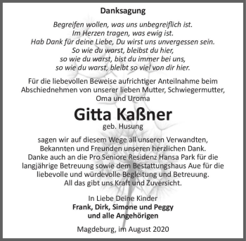 Traueranzeige von Gitta Kaßner (geb. Husung)  von Magdeburger Volksstimme