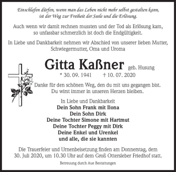 Traueranzeige von Gitta Kaßner (geb. Husung)  von Magdeburger Volksstimme