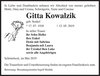 Traueranzeige von Gitta Kowalzik (geb. Senkel)  von Magdeburger Volksstimme
