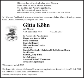 Traueranzeige von Gitta Köhn (geb. Miersch)  von Magdeburger Volksstimme