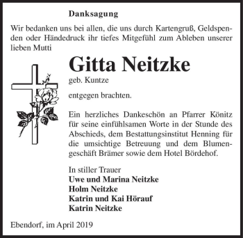 Traueranzeige von Gitta Neitzke (geb. Kuntze)  von Magdeburger Volksstimme