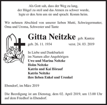 Traueranzeige von Gitta Neitzke (geb. Kuntze)  von Magdeburger Volksstimme