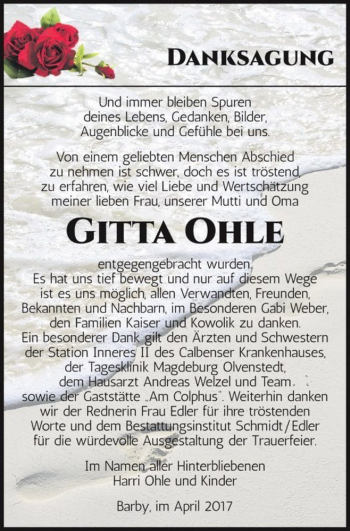 Traueranzeige von Gitta Ohle  von Magdeburger Volksstimme