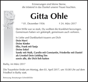 Traueranzeige von Gitta Ohle  von Magdeburger Volksstimme