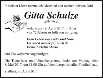Traueranzeige von Gitta Schulze (geb. Weiße)  von Magdeburger Volksstimme