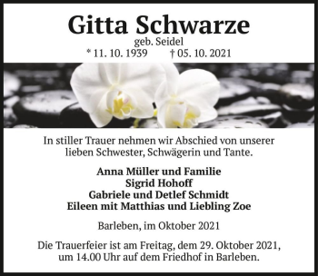 Traueranzeige von Gitta Schwarze (geb. Seidel)  von Magdeburger Volksstimme