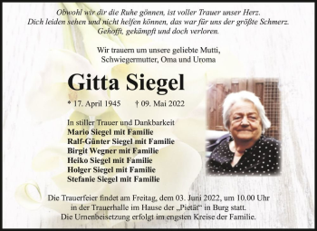 Traueranzeige von Gitta Siegel  von Magdeburger Volksstimme