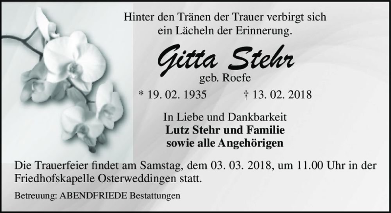 Traueranzeige für Gitta Stehr (geb. Roefe)  vom 24.02.2018 aus Magdeburger Volksstimme