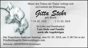 Traueranzeige von Gitta Stehr (geb. Roefe)  von Magdeburger Volksstimme