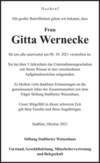 Traueranzeige von Gitta Wernecke  von Magdeburger Volksstimme