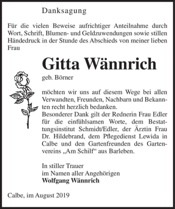Traueranzeige von Gitta Wännrich (geb. Börner)  von Magdeburger Volksstimme
