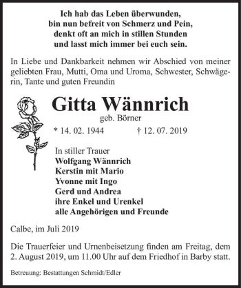 Traueranzeige von Gitta Wännrich (geb. Börner)  von Magdeburger Volksstimme