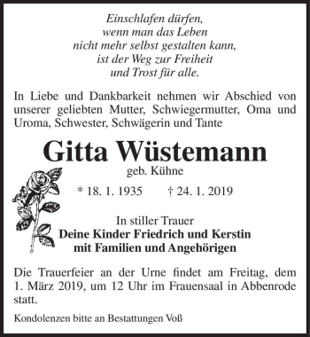 Traueranzeige von Gitta Wüstemann (geb. Kühne)  von Magdeburger Volksstimme