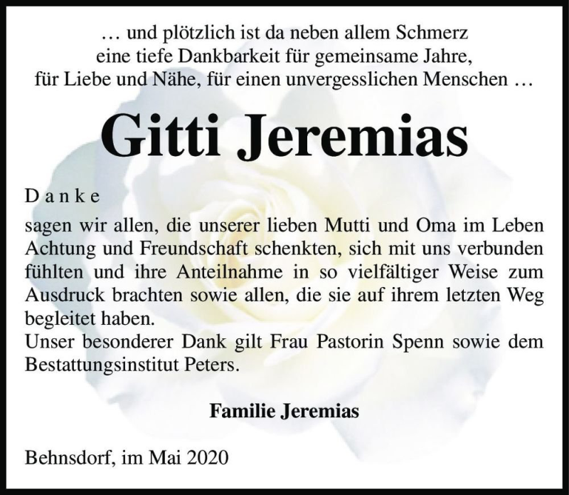  Traueranzeige für Gitte Jeremias  vom 06.06.2020 aus Magdeburger Volksstimme