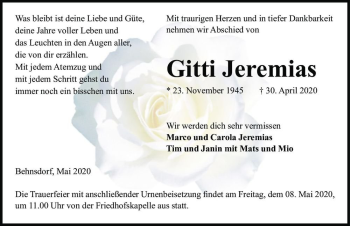 Traueranzeige von Gitti Jeremias  von Magdeburger Volksstimme