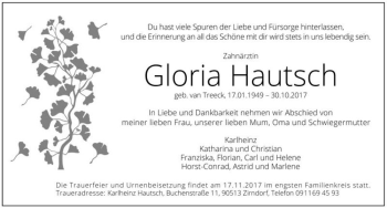Traueranzeige von Gloria Hautsch (geb. van Treeck)  von Magdeburger Volksstimme