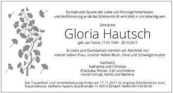Traueranzeige von Gloria Hautsch (geb. van Treeck)  von Magdeburger Volksstimme