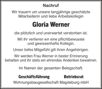 Traueranzeige von Gloria Werner  von Magdeburger Volksstimme