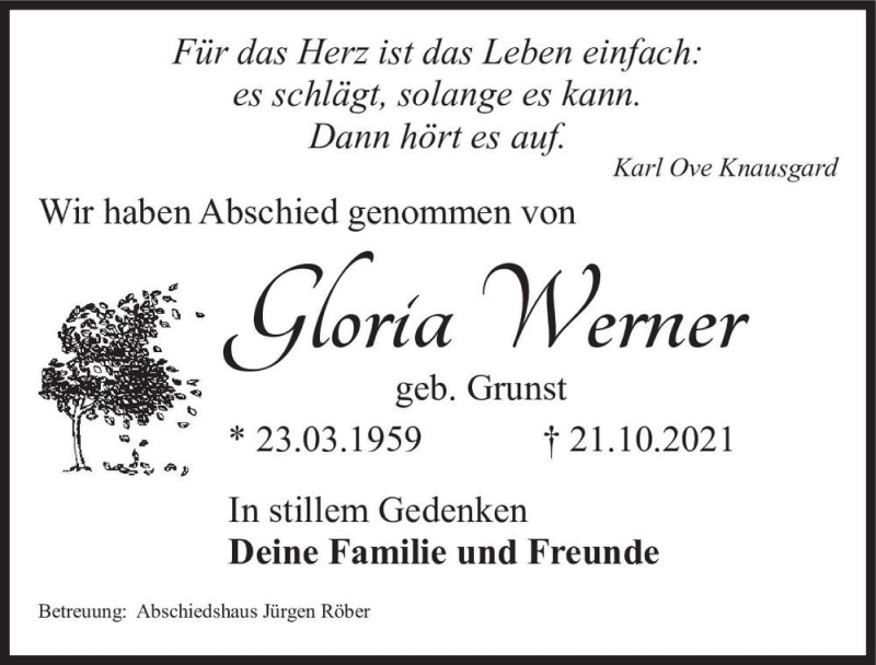  Traueranzeige für Gloria Werner (geb. Grunst)  vom 13.11.2021 aus Magdeburger Volksstimme