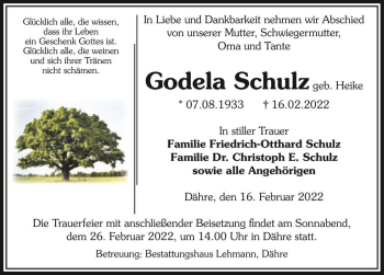Traueranzeige von Godela Schulz (geb. Heike)  von Magdeburger Volksstimme