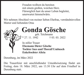 Traueranzeige von Gonda Gösche (geb. Teichmann)  von Magdeburger Volksstimme