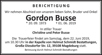 Traueranzeige von Gordon Busse  von Magdeburger Volksstimme