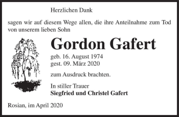 Traueranzeige von Gordon Gafert  von Magdeburger Volksstimme