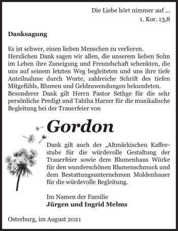 Traueranzeige von Gordon Melms  von Magdeburger Volksstimme
