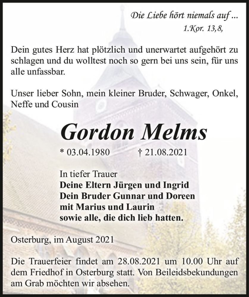  Traueranzeige für Gordon Melms  vom 27.08.2021 aus Magdeburger Volksstimme