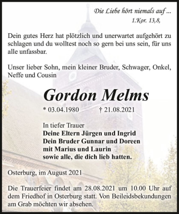 Traueranzeige von Gordon Melms  von Magdeburger Volksstimme