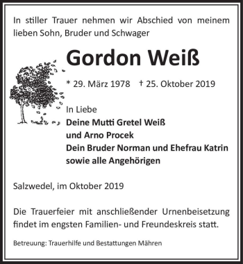 Traueranzeige von Gordon Weiß  von Magdeburger Volksstimme