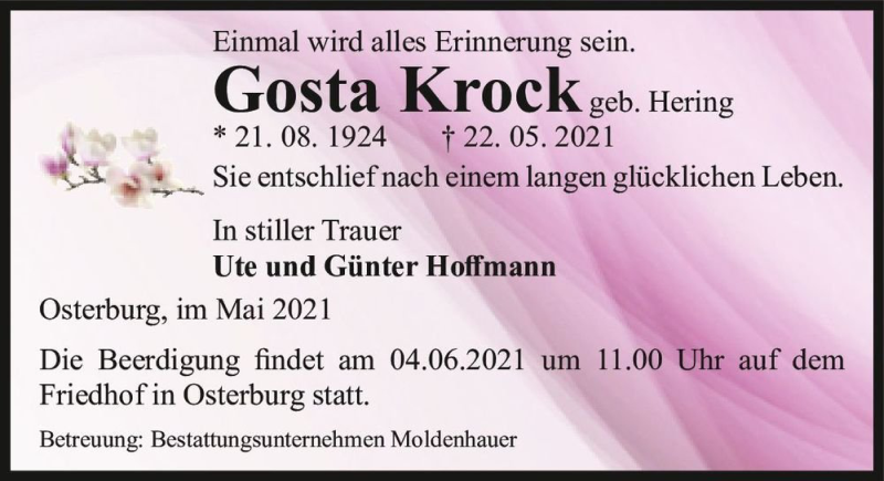  Traueranzeige für Gosta Krock (geb. Hering)  vom 29.05.2021 aus Magdeburger Volksstimme
