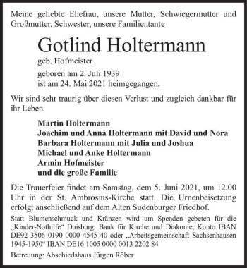 Traueranzeige von Gotlind Holtermann (geb. Hofmeister)  von Magdeburger Volksstimme