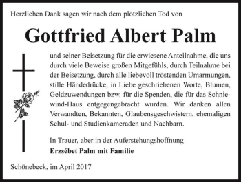 Traueranzeige von Gottfried Albert Palm  von Magdeburger Volksstimme