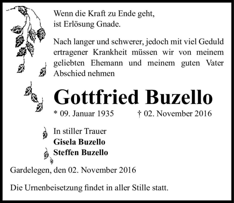  Traueranzeige für Gottfried Buzello  vom 05.11.2016 aus Magdeburger Volksstimme